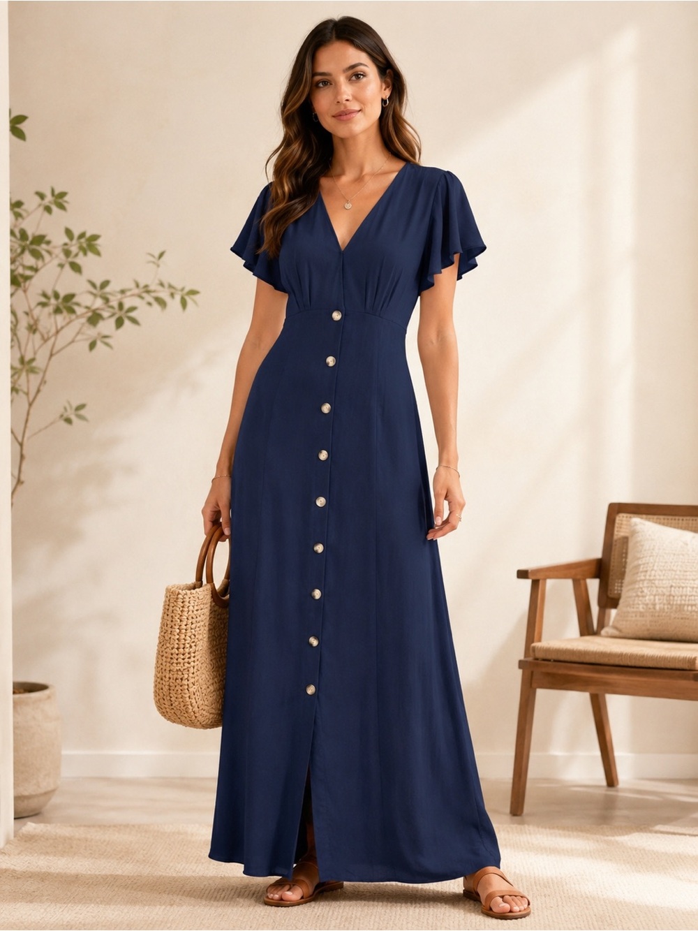 Suzanne Betro Navy V-Neck Button-Front Maxi Dress 65% polyester 35 %Rayon